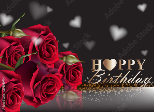 Fototapeta Naklejka Na Ścianę i Meble -  Happy birthday red roses background Vector. Vintage floral decor black colors