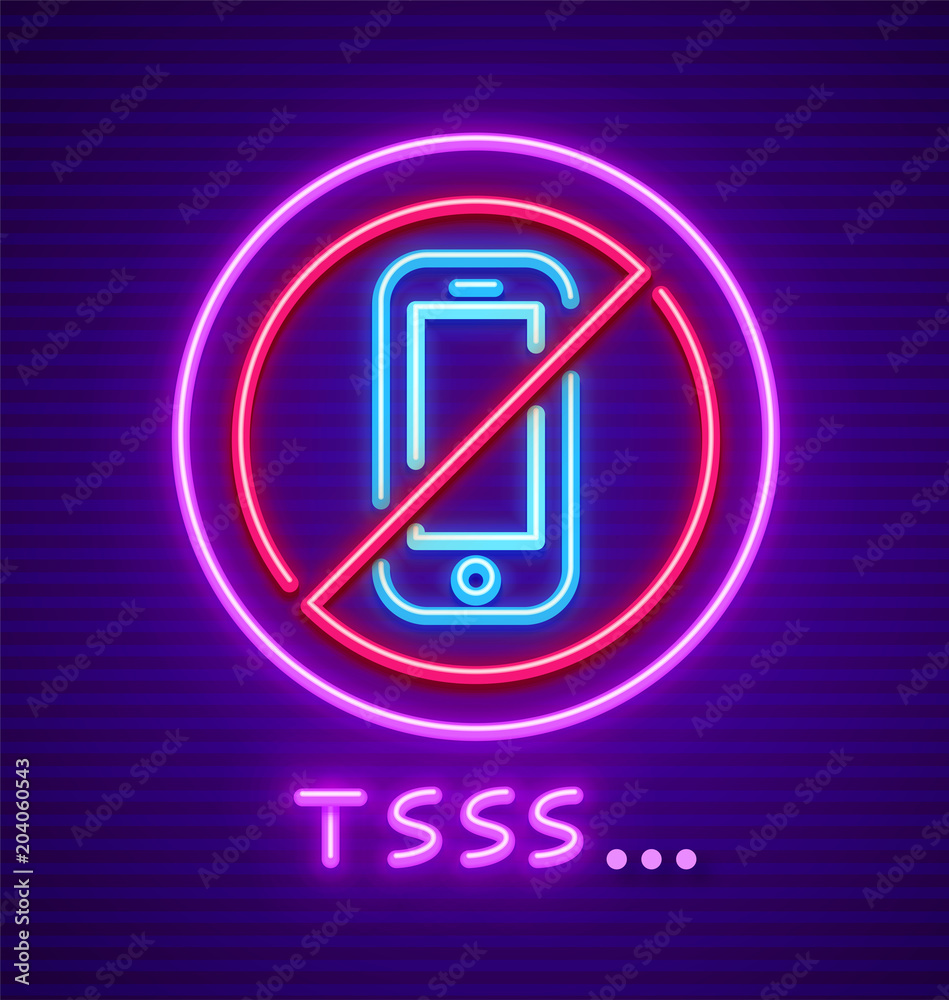 Observe, keep silence. Neon sign forbidding mobile phone using. Observe, keep silence. Neon sign forbidding mobile phone using.