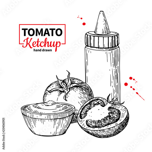 Ketchup sauce bottle with tomatoes. Vector drawing. Food flavor 