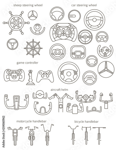 Equipment for transport driving set. Helmet, rudder, steering wheels thin line icons