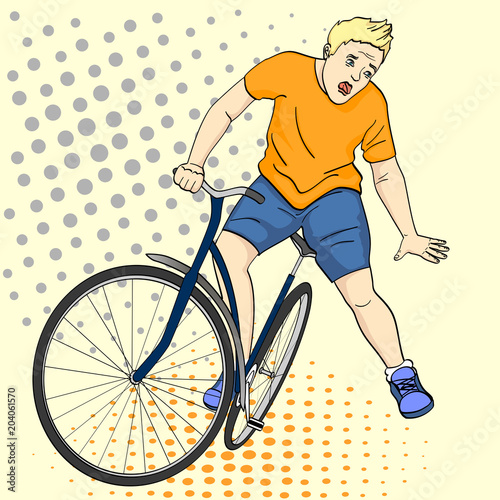 Pop art background. The man is falling off the bicycle. Emotion funk, pain, vector