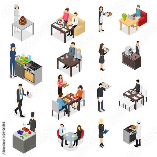 Restaurant Cafe or Bar Personnel People 3d Icons Set Isometric View. Vector