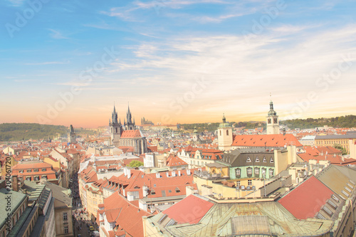 Beautiful view of the Old Town Square, and Tyn Church and St. Vitus Cathedral in Prague, Czech Republic © marinadatsenko