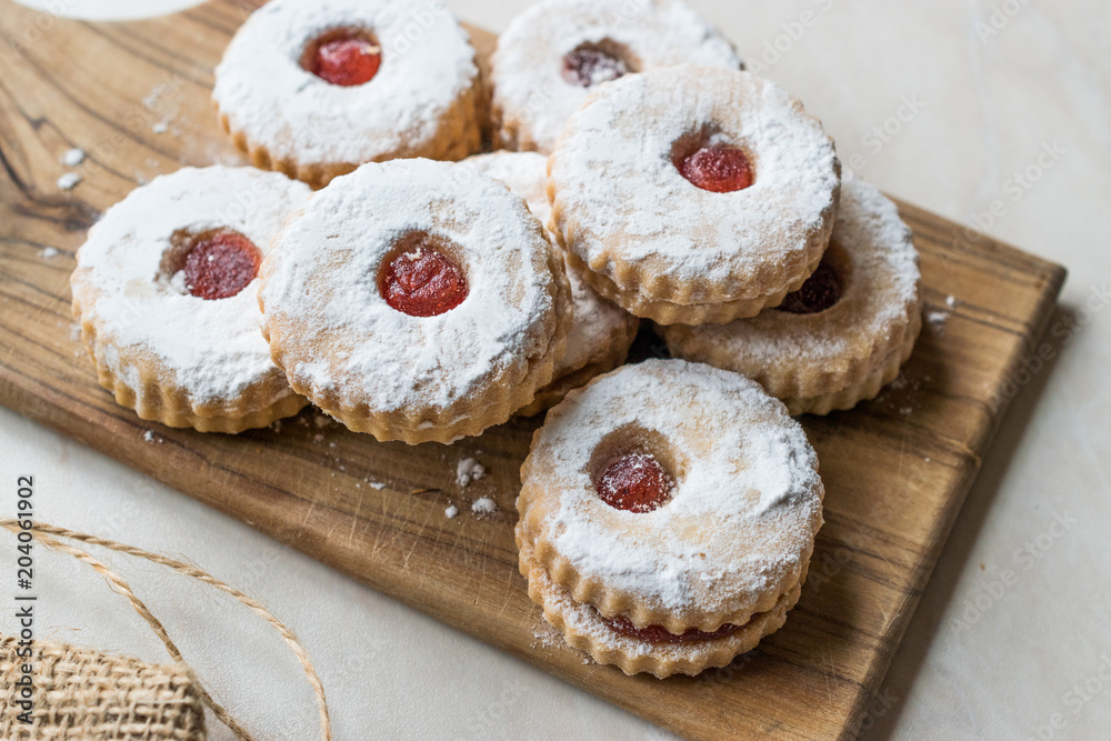 Jam Filled Round Linzer Cookies with Powder Sugar Jam Filled Round Linzer Cookies with Powder Sugar