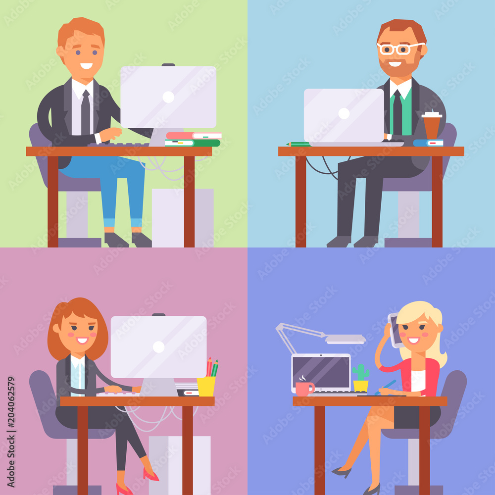 Vector flat people work place business worker person working on laptop at the table in office coworker businesswoman and businessman character workplace computer illustration Vector flat people work place business worker person working on laptop at the table in office coworker businesswoman and businessman character workplace computer illustration