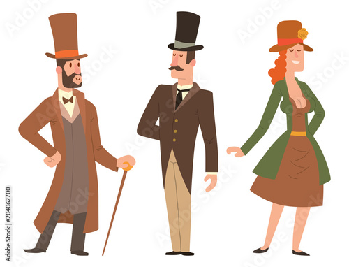 Vintage victorian cartoon gents retro people vector. Style fashion old people victorian gentleman clothing antique century character victorian gent people vintage wild west man and woman style