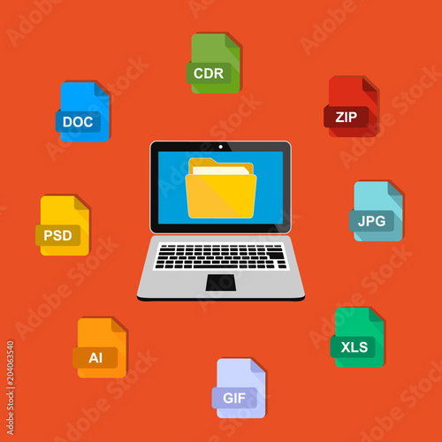 Internet. A laptop and an electronic folder with different file formats. Vector stock illustration.
