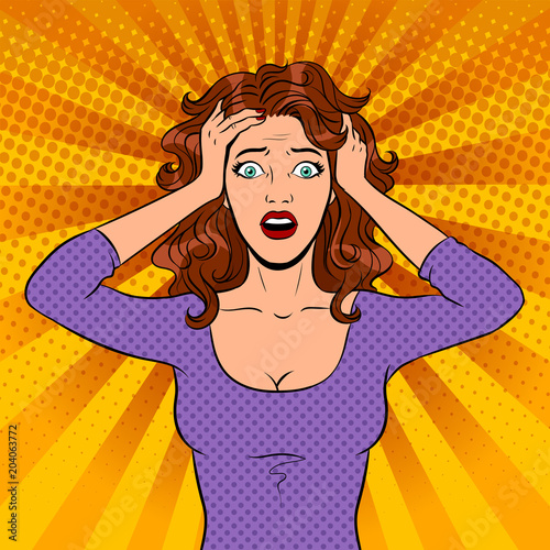 Young woman with panic emotion pop art vector