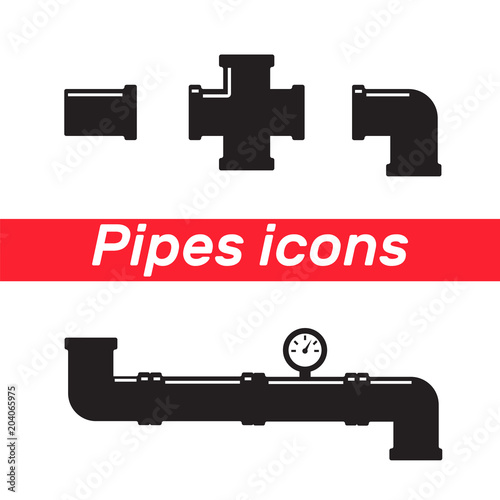 Valve, taps, pipe connectors, pipe details. Pipe fittings vector icons set