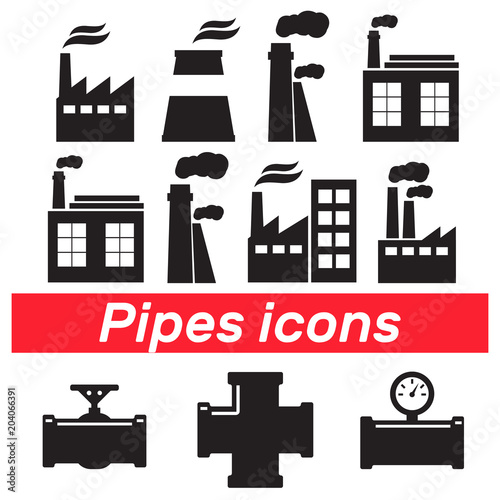 Pipe connector or pipe fitting. Pipe fittings vector icons set