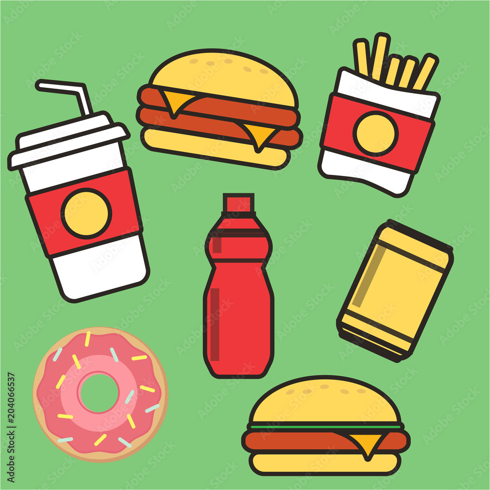 Junk food icon. Breakfast background burger vector. Junk food vector illustration Junk food icon. Breakfast background burger vector. Junk food vector illustration