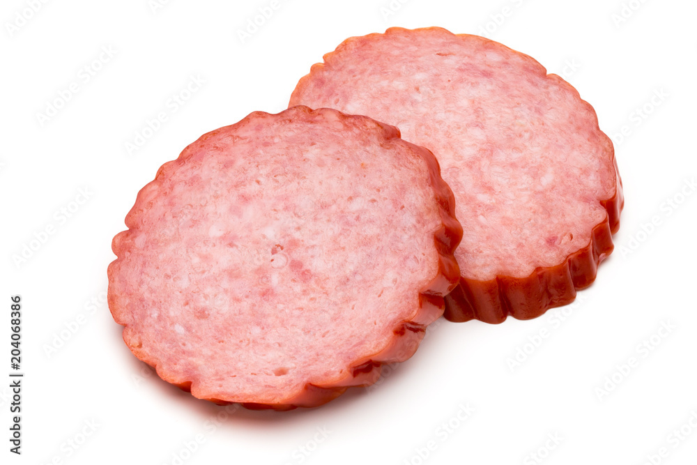 Slices of salami. Isolated on a white background. Slices of salami. Isolated on a white background.