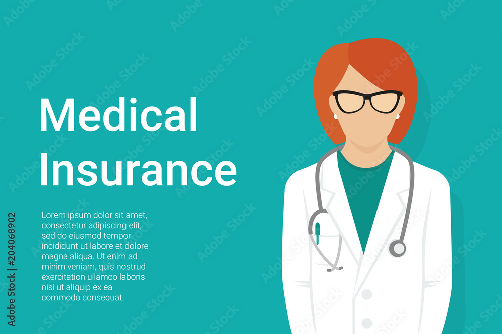 Medical insurance green background with faceless female doctor wearing uniform and stethoscope and copy space for health care information. Flat vector illustration for healthcare and medical services Medical insurance green background with faceless female doctor wearing uniform and stethoscope and copy space for health care information. Flat vector illustration for healthcare and medical services