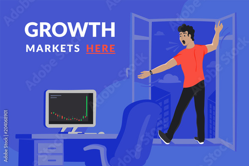 Surprised investor in the window is going to fall down at the moment when on computer screen downtrend market graph changed to high growth. Growth market cover for cryptocurrency networks and news