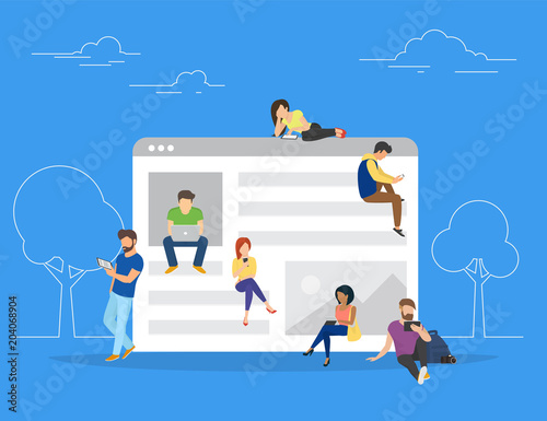 Web site surfing concept vector illustration of young people using mobile gadgets such as smarthone, tablet and laptop to be a part of online community. Flat guys and young women on big website page