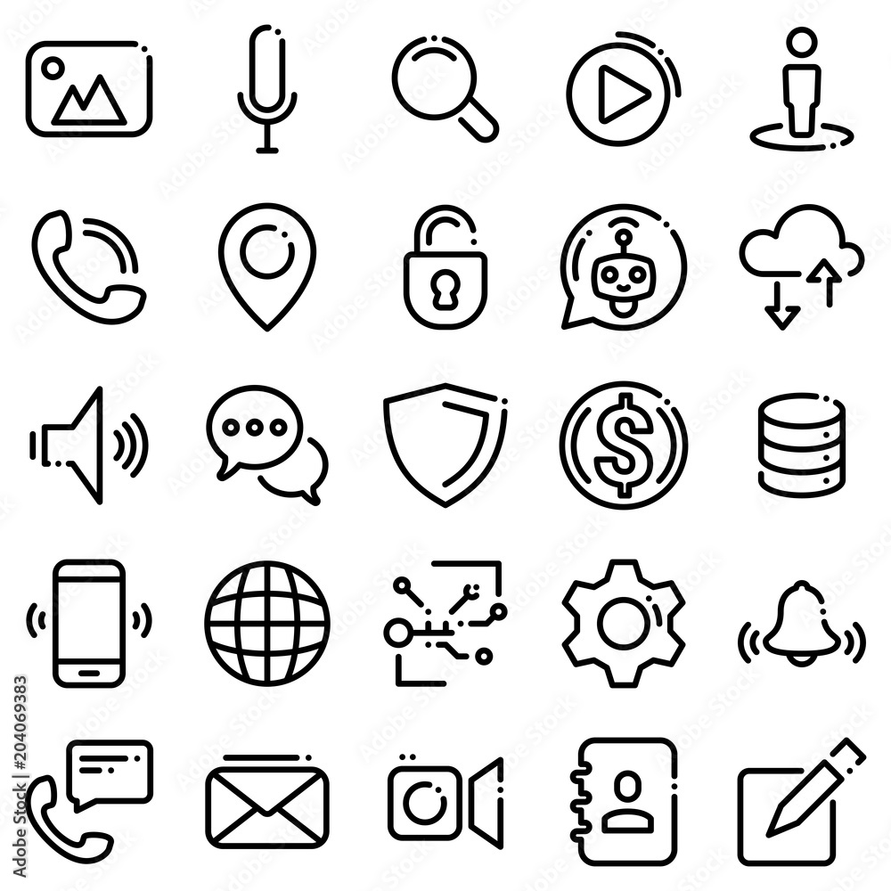 Set of black icons isolated against white background. Social and communicative icons Set of black icons isolated against white background. Social and communicative icons
