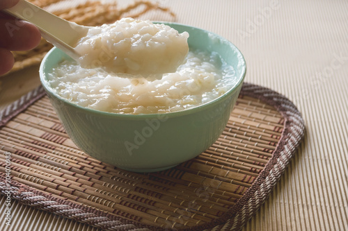 Asian food, Rice porridge in a bowl on the table