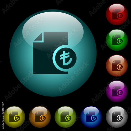 Turkish Lira financial report icons in color illuminated glass buttons