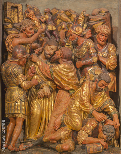 ZARAGOZA, SPAIN - MARCH 3, 2018: The polychome carved renaissance relief of Batray of Jesus in Gethsemane garden in church Iglesia de San Miguel de los Navarros by Damian Forment (1519).