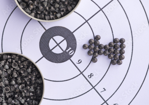 The sets of pneumatic bullets for a target shooting are on a horizontal surface. The lead projectile is aimed at the bullseye. It is the concept of the achieving a goal.