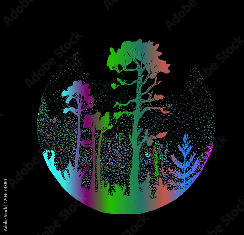 Neon illustration of a misty forest. Trees and plants in the fog.