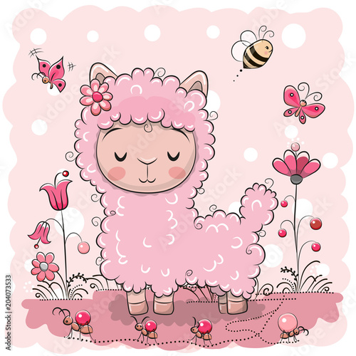 Cute Lama with flowers and butterflies