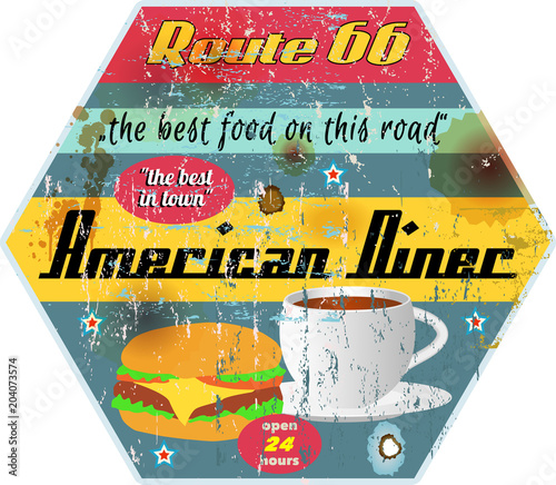 Vintage grungy route 66 diner sign, retro style, vector illustration