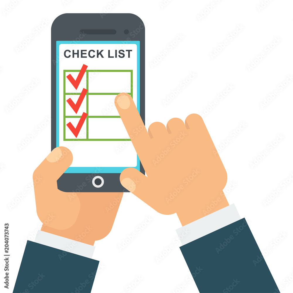 Checklist in smartphone. Program for audit, verification, management. Hands of businessman mark points on screen of device. Flat vector cartoon illustration. Objects isolated on white background.