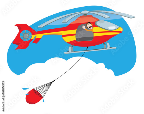 a vector cartoon representing a funny and friendly helicopter pilot, flying and carrying a bucket full of water to extinguish a fire