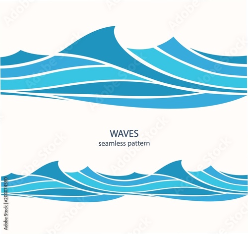 Marine seamless pattern with stylized blue waves on a light background. Water Wave abstract design. 