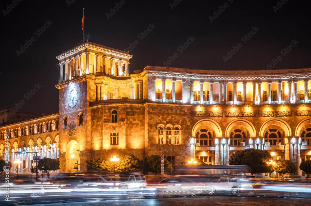 The Government of the Republic of Armenia and Central Post Office on Republic Square in Yerevan at night, Armenia.