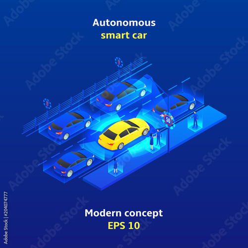 Autonomous smart car concept background. Smart car scans road, signs, objects and crosswalk in the city. Vector illustration.
