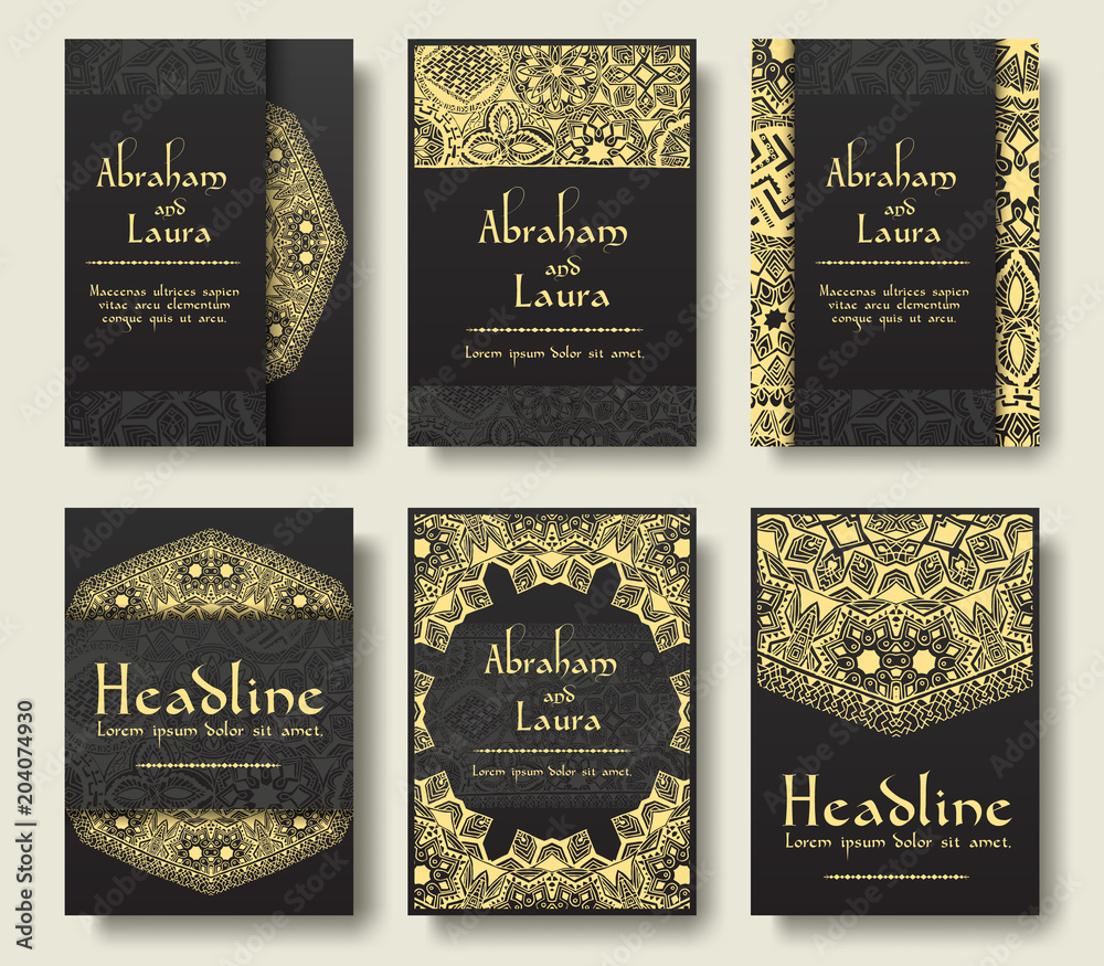 Naklejka premium Set of flyer pages ornamental illustration stylized gold concept. Luxury art traditional, Islam, arabic, indian, ottoman motifs, elements. Vector decorative retro greeting card or invitation 