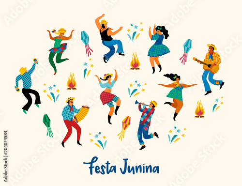 Festa Junina. Vector illustration of funny dancing men and women in bright costumes.