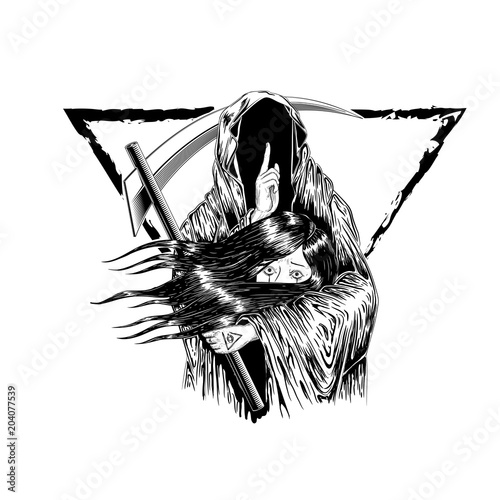 Grim Reaper, Human  Wearing A Hood, Isolated On color Background, Vector illustration. woman hold with the ghost. to die. tattoo design. hand drawing and digital. line art design. triangle border.