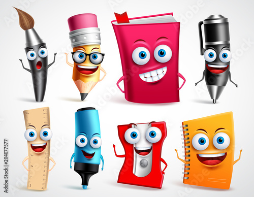 School characters vector illustration set. Education items 3D cartoon mascots like pencil and book for back to school elements isolated in white background. 