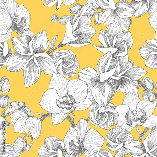 Seamless pattern. Hand drawn outline bouquet with orchid and plumeria. Highly detailed vector illustration. Beautiful exotic flower. Cymbidium for your logo, composition, design.