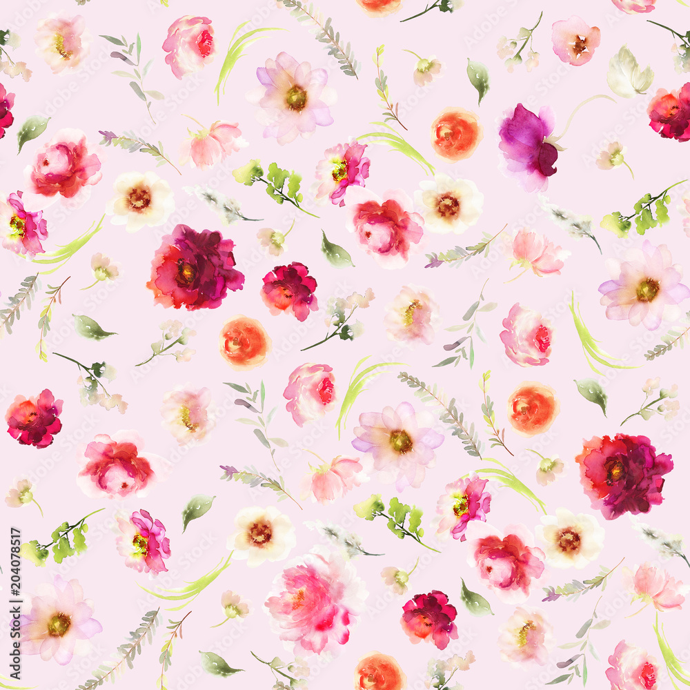 Seamless summer pattern with watercolor flowers handmade.