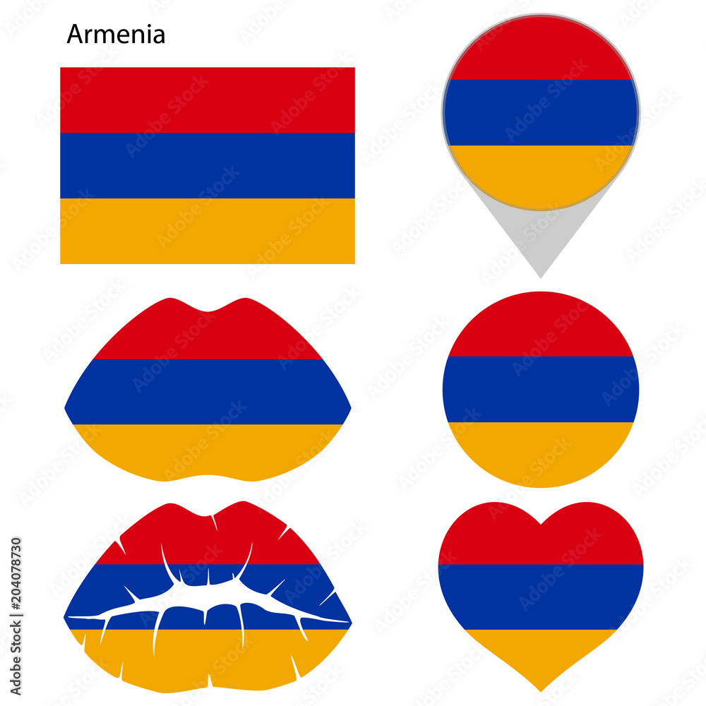 Flag of Armenia, set. Correct proportions, lips, imprint of kiss, map pointer, heart, icon. Abstract concept. Vector illustration on white background. Flag of Armenia, set. Correct proportions, lips, imprint of kiss, map pointer, heart, icon. Abstract concept. Vector illustration on white background.