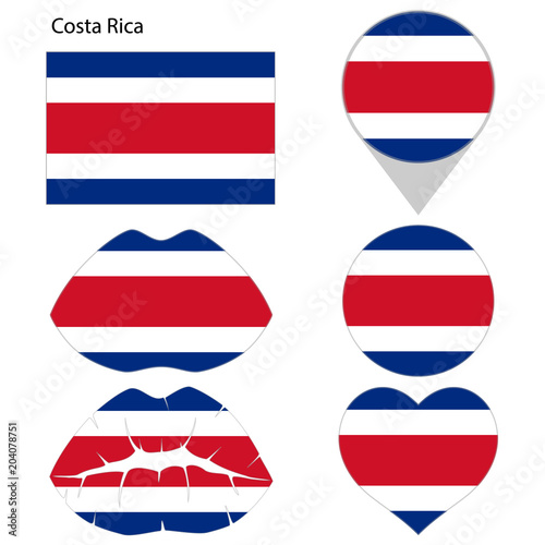 Flag of Costa Rica, set. Correct proportions, lips, imprint of kiss, map pointer, heart, icon. Abstract concept. Vector illustration on white background.