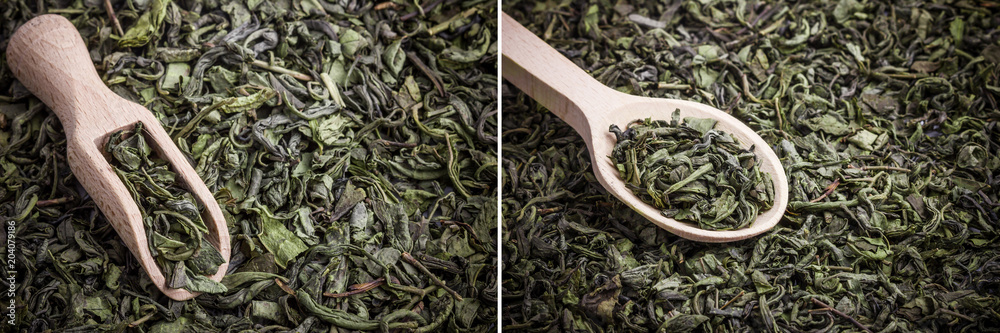 Green tea dry leaves on wooden spoon background.