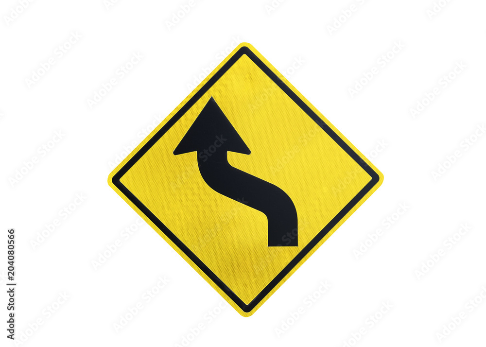 yellow Traffic Signs” Left curve “ isolated at on white background of file with Clipping Path . yellow Traffic Signs” Left curve “ isolated at on white background of file with Clipping Path .