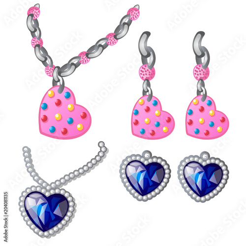 Set of earrings and pendants. Child and adult jewelry, pink and sapphire hearts. Image in cartoon style. Vector illustration isolated on white background