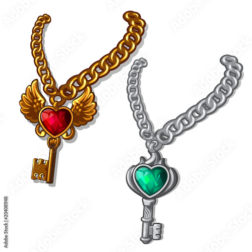 Two precious keys, silver and gold on chain. Pair with precious stones, emerald and heart shaped ruby. Image in cartoon style. Vector illustration isolated on white background