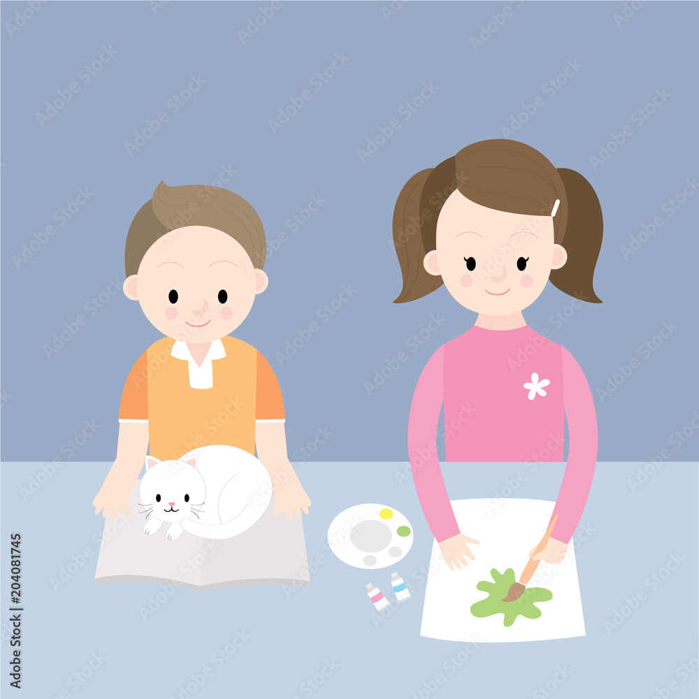 Cartoon cute brethren, Brother is reading book with him cat and sister is painting watercolor on paper vector. Cartoon cute brethren, Brother is reading book with him cat and sister is painting watercolor on paper vector.