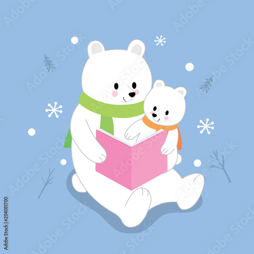 Cartoon cute mom and baby polar bear reading book vector.