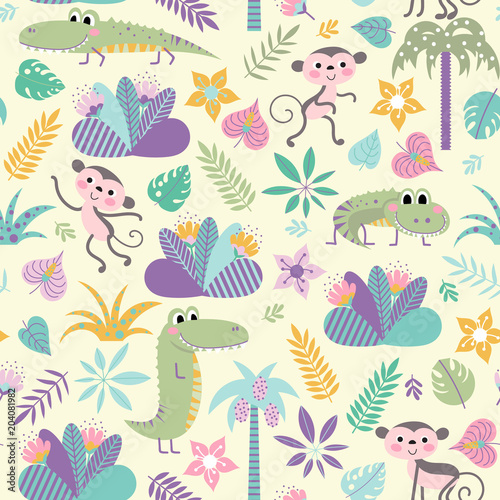 Children background with crocodiles and monkeys