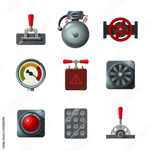 Vector icons set with industrial design elements. Analog interface object isolated on white. Levers, switches, buttons and indicators