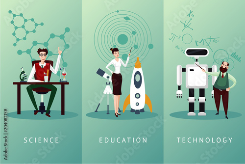 Scientist vector cartoon characters set. Science and education concept. Technology backgrounds collection.