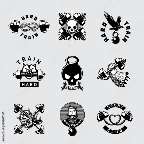 Gym and fitness club vintage vector icon set. Retro style bodybuilding sport emblem with barbell. Brutal workout signs.